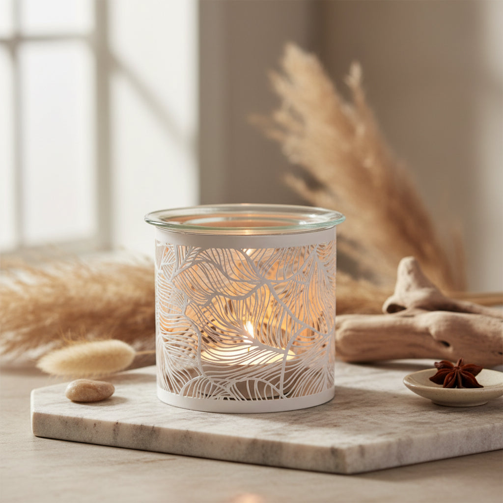 Decorative candle holder with leaf pattern on a white background