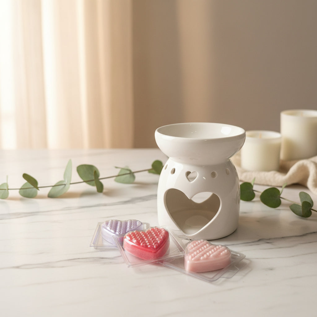Heart-shaped white ceramic wax melt burner with pink, red and purple heart shaped wax melts on a marble effect surface
