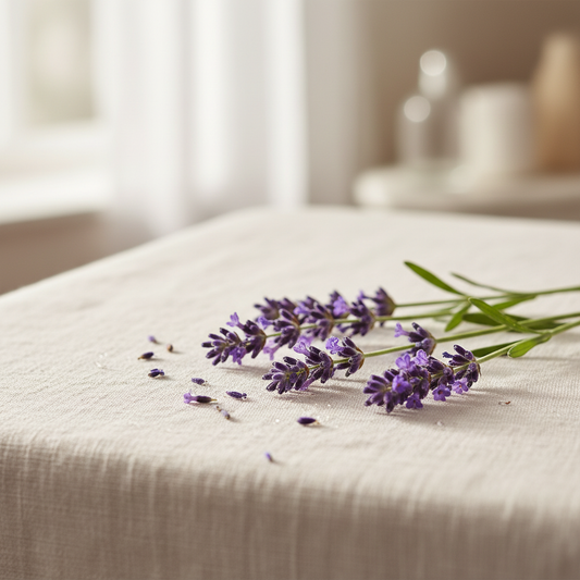 Fresh lavender sprigs on soft white linen in gentle natural light evoking the Lavender Spa fragrance