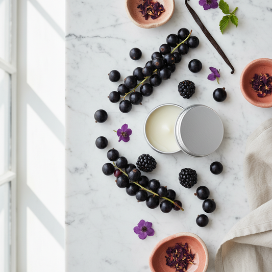 Berry Comforting Solid Perfume scent notes flat lay - blackcurrants, blackberries, cassis, vanilla pod on marble