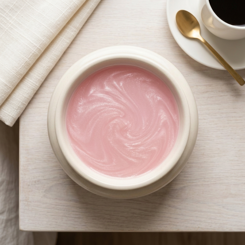 Round ivory burner with Duvet Day pastel-pink wax and subtle pearlescent mica shimmer