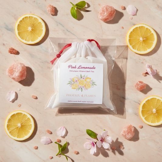 Pink Lemonade Himalayan Mineral Bath Tea pouch styled on peach marble with lemon slices, pink salt and blossom petals