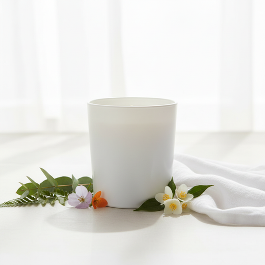 Fresh Linen candle styled with violet, orange blossom, jasmine and soft white linen in clean airy tones