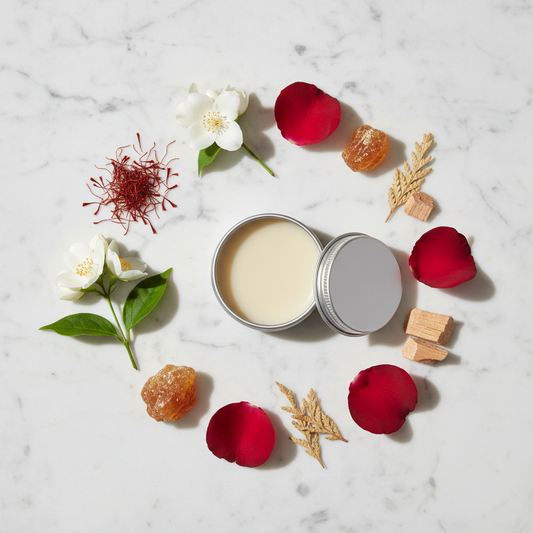 Rouge Solid Perfume scent notes flat lay - saffron, jasmine, amber resin and cedarwood on marble