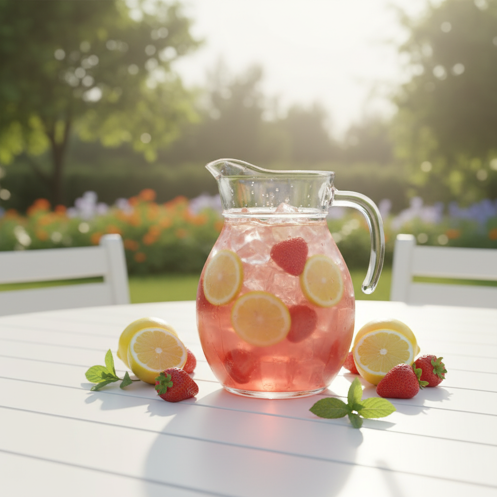 Fresh pink lemonade with lemon slices and berries in golden sunlight evoking the Pink Lemonade fragrance