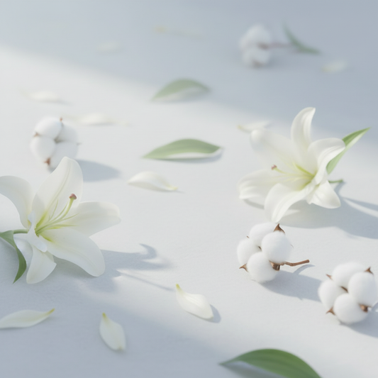 White lily blooms and cotton flowers on a pale misty surface in soft dreamy light evoking the Lily & Cotton Flower fragrance