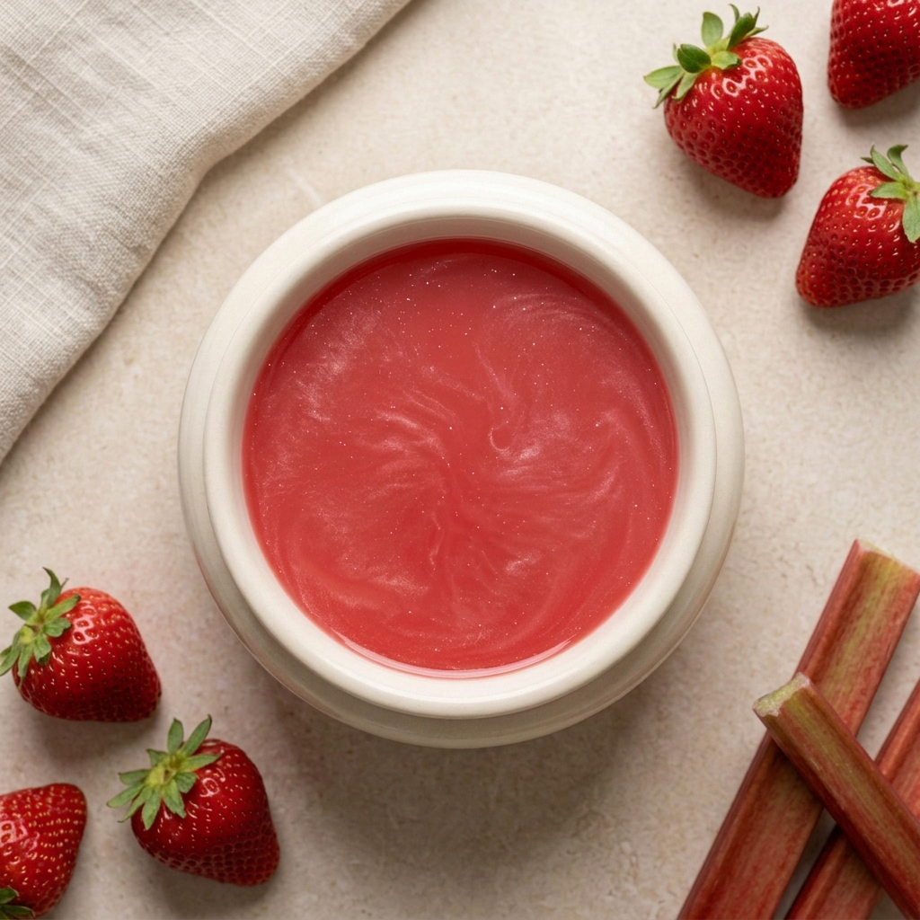 Rhubarb and Strawberry red melted wax with subtle mica in a round ivory burner