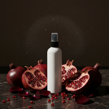 Black Pomegranate room and linen mist styled amongst split pomegranates, ruby red seeds and deep crimson petals in rich moody tones
