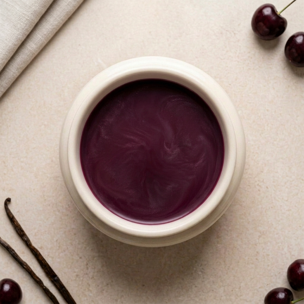 Cherry Noir black-cherry purple melted wax with subtle mica in a round ivory burner