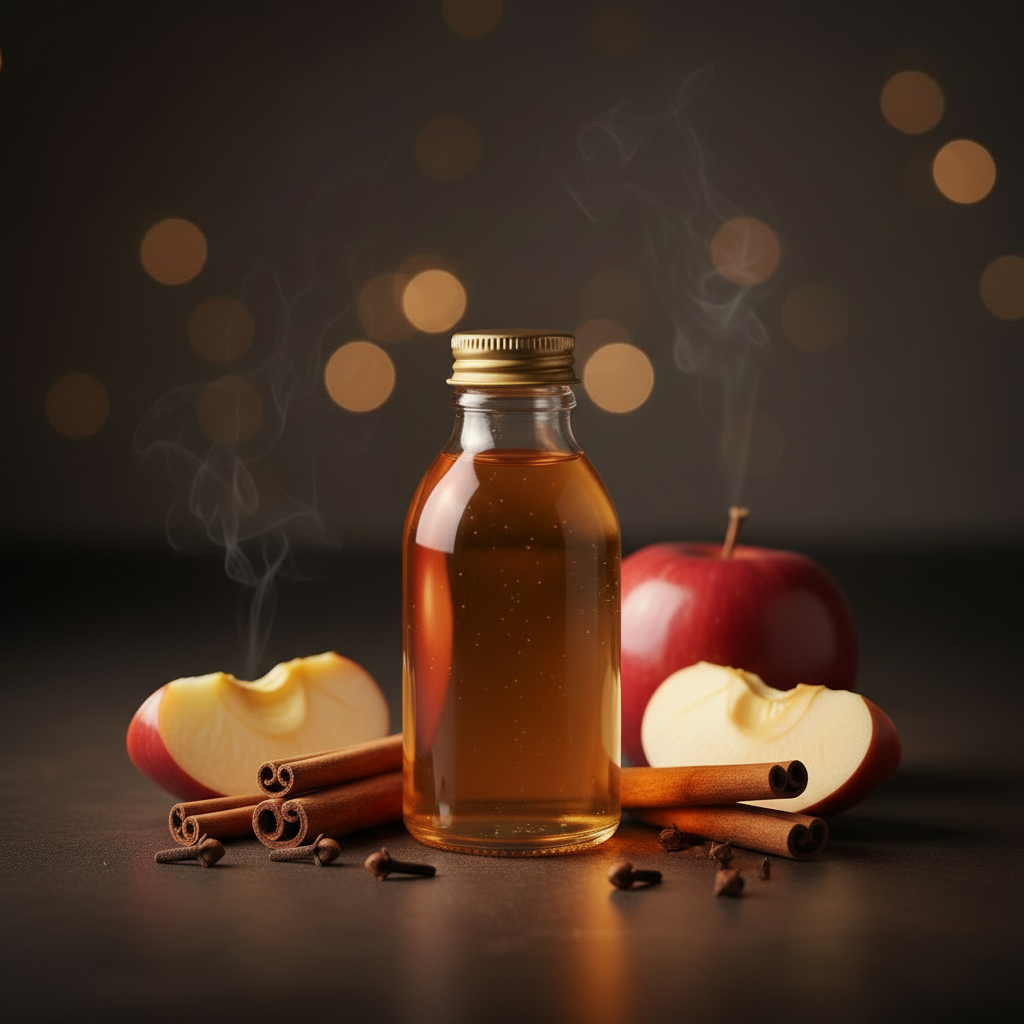 Clear glass refill bottle with gold cap surrounded by apple slices and cinnamon sticks on a dark surface with golden bokeh
