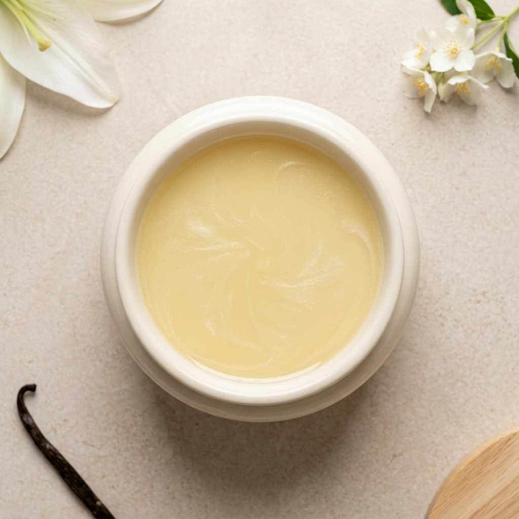 Lily and Cotton Flower pale yellow melted wax in a round ivory burner with floral styling