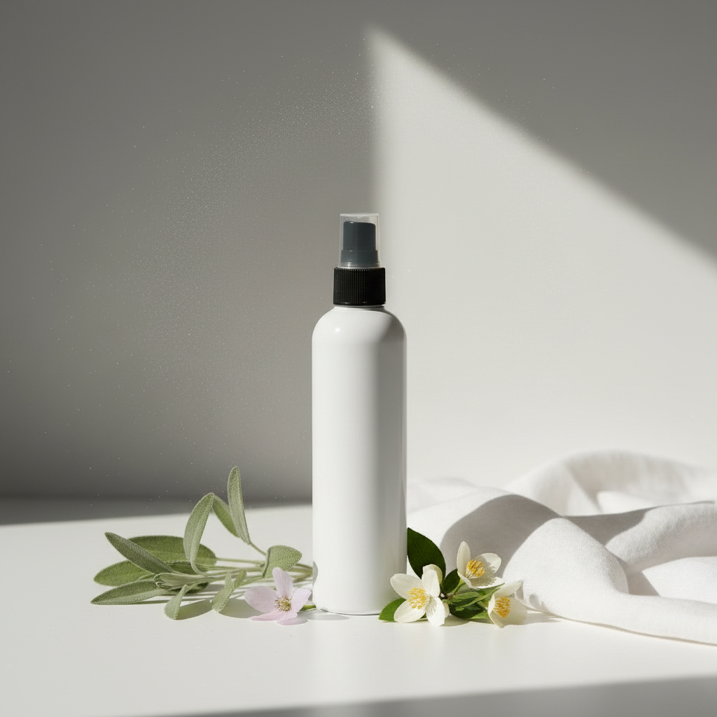 Fresh Linen room and linen mist styled with violet, orange blossom, jasmine and soft white linen in clean airy tones