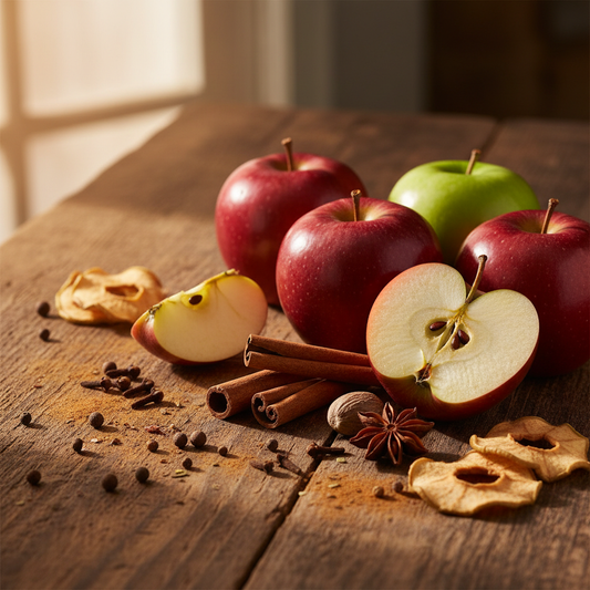 Fresh apples, cinnamon sticks and warm spices on a rustic wooden surface evoking the Cinnamon Apple fragrance