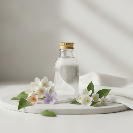 Fresh Linen reed diffuser refill bottle styled with violet, orange blossom, jasmine and soft white linen in clean airy tones