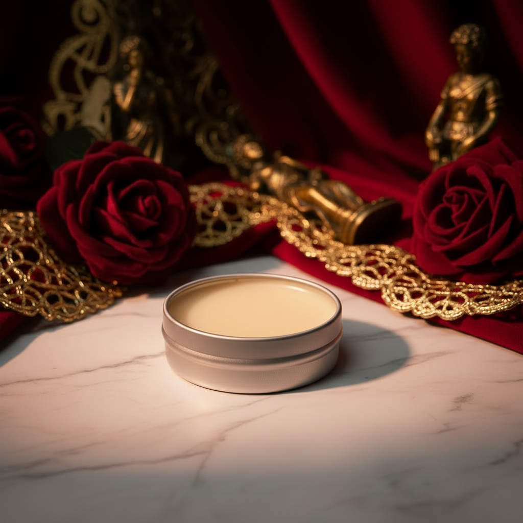 Rouge Solid Perfume open tin with deep red and gold luxury background