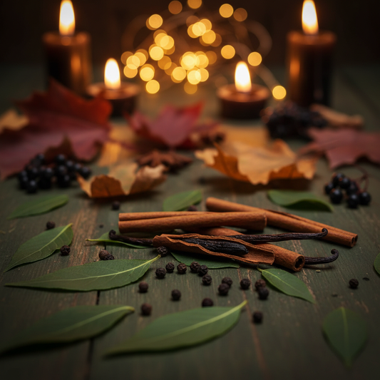 Dark patchouli leaves, spices and vanilla on a forest green surface with golden bokeh evoking the Ms Rules fragrance