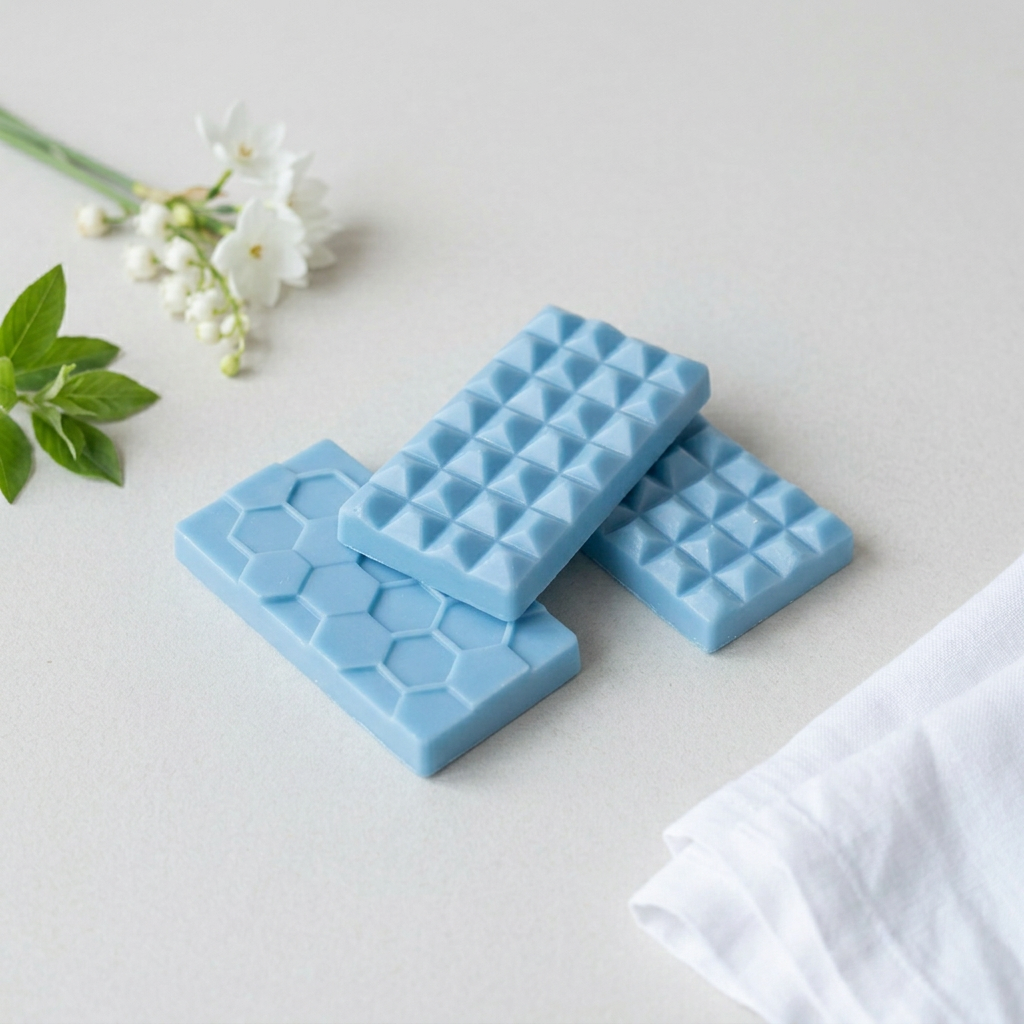 Spring Awakening laundry-blue wax bars with white linen and floral styling