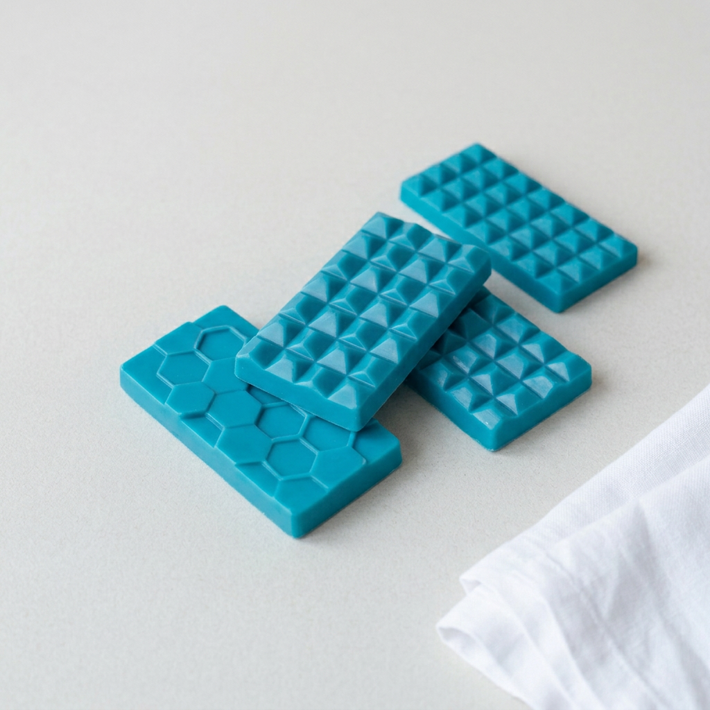 The Male turquoise-blue wax bars matching the fragrance bottle
