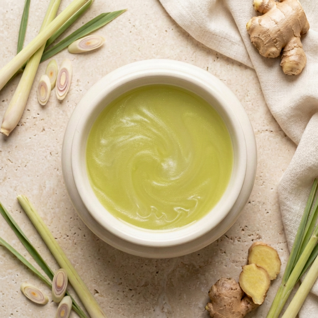 Round ivory burner with Lemongrass & Ginger yellow-green wax and subtle mica shimmer