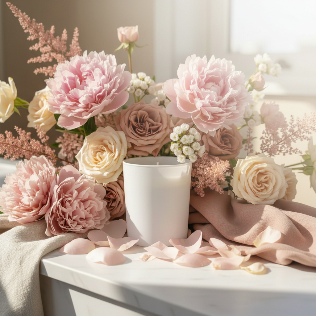 Pink Peony & Blush Suede candle styled amongst abundant pink peonies, blush roses and spring florals in bright airy natural light