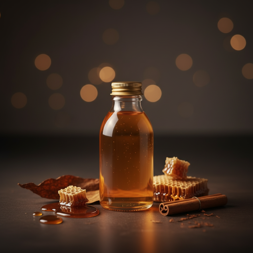 Dark Honey & Tobacco reed diffuser refill bottle styled with subtle honey, tobacco leaf and cinnamon props in warm amber and mahogany tones