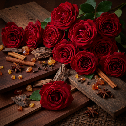 Rose Oud wax melt scent - deep red roses, oud wood, amber resin and warm spice