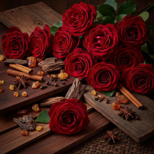 Rose Oud wax melt scent - deep red roses, oud wood, amber resin and warm spice