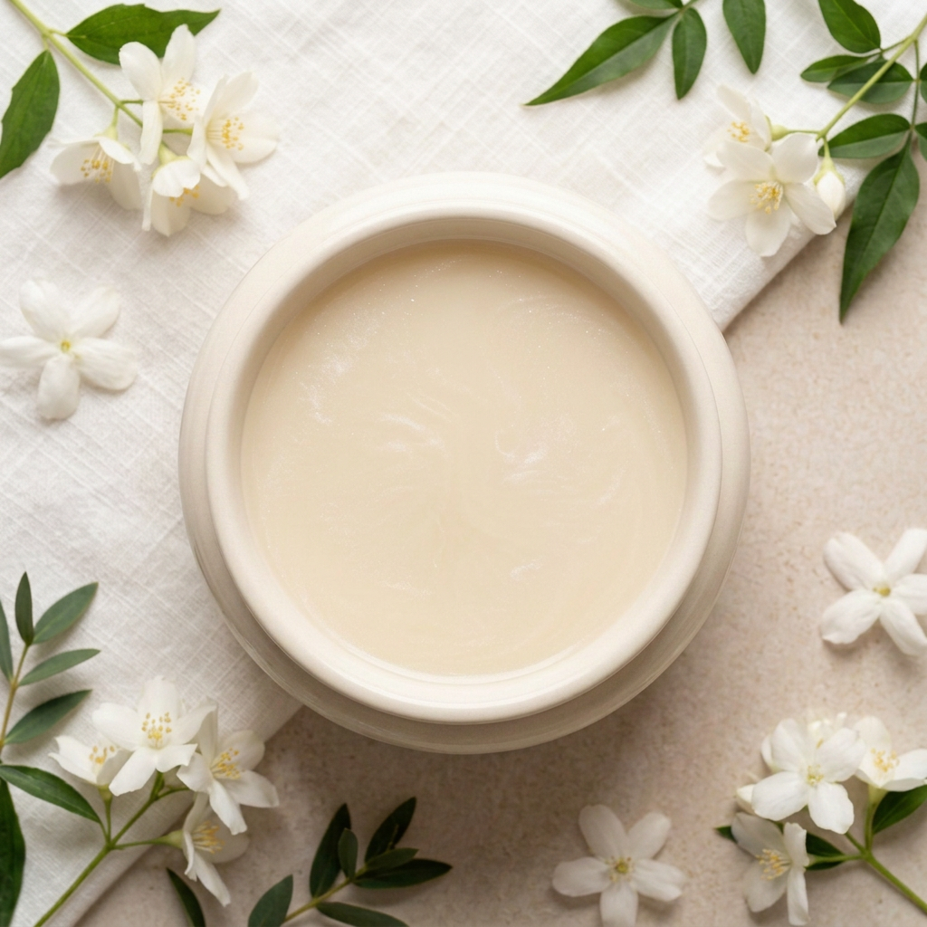 Midnight Jasmine pale-cream melted wax with subtle mica in a round ivory burner
