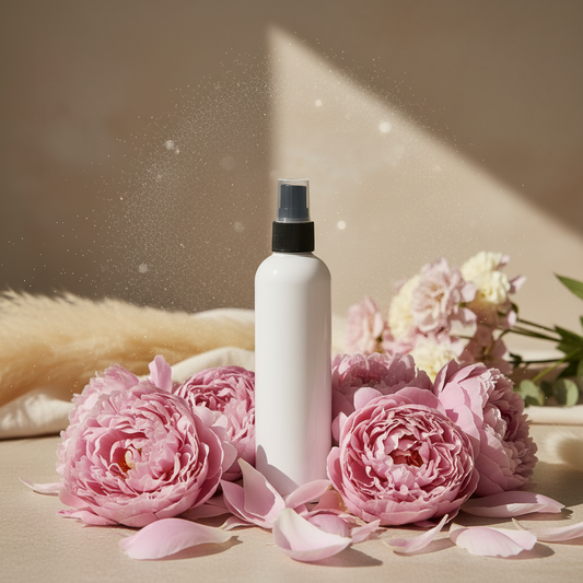 Pink Peony & Blush Suede room and linen mist styled amongst blooming peonies and blush rose petals