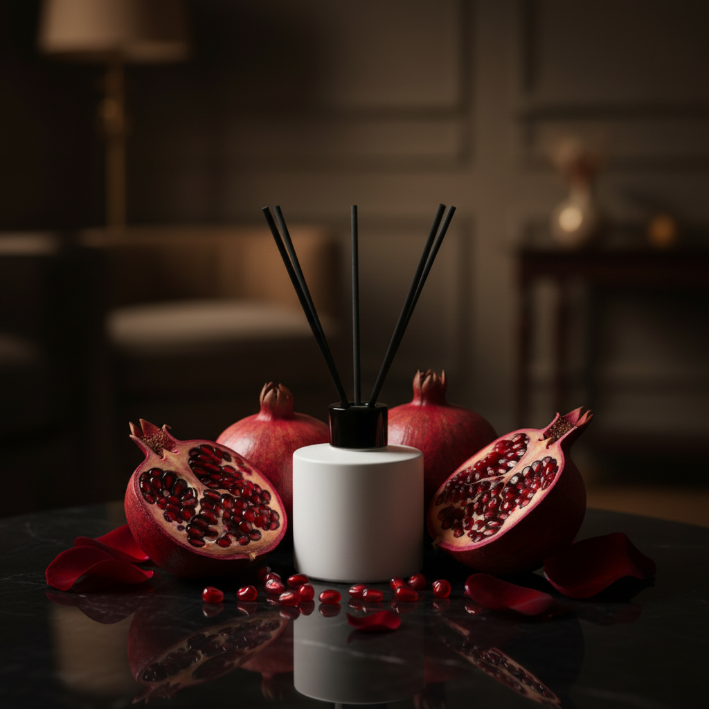 Black Pomegranate reed diffuser styled amongst split pomegranates, ruby red seeds and deep crimson petals in rich moody tones