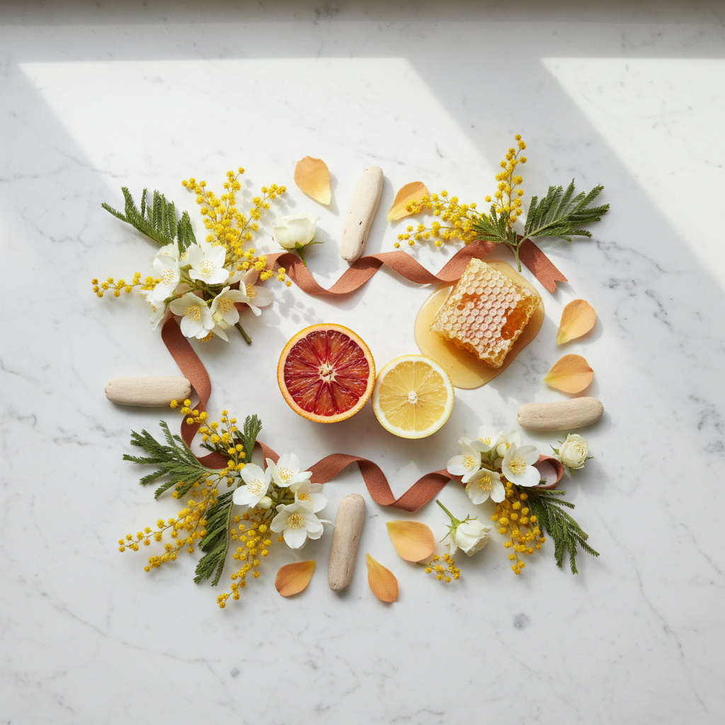 Miss Million Body Mist scent notes flat lay - citrus, mimosa, white florals and honeycomb on marble