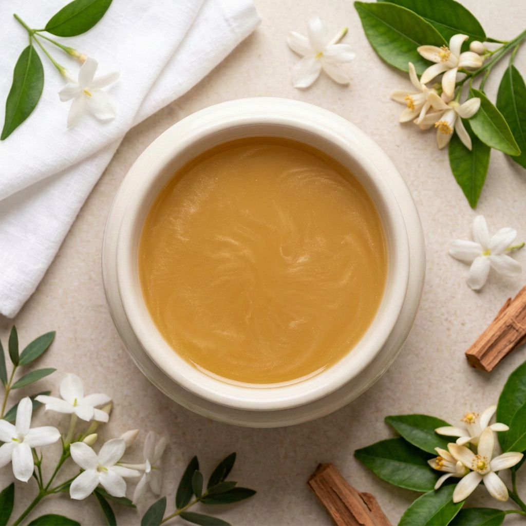 Saffron and Jasmine gold melted wax in a round ivory burner with white floral styling