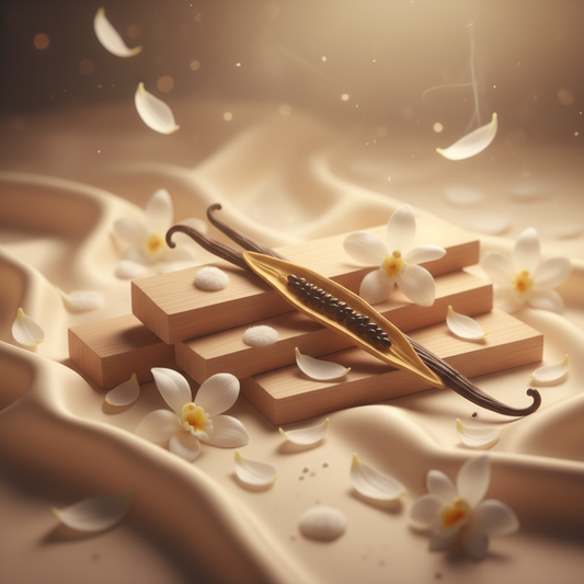 Smooth sandalwood and vanilla pod on soft cream satin fabric in warm golden light evoking the Satin Vanilla fragrance