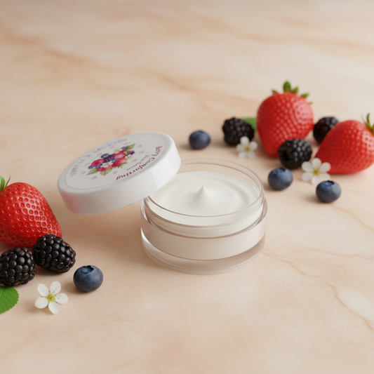 Berry Comforting Face Cream pot with clear base showing cream inside, styled on peach marble with mixed berries and florals