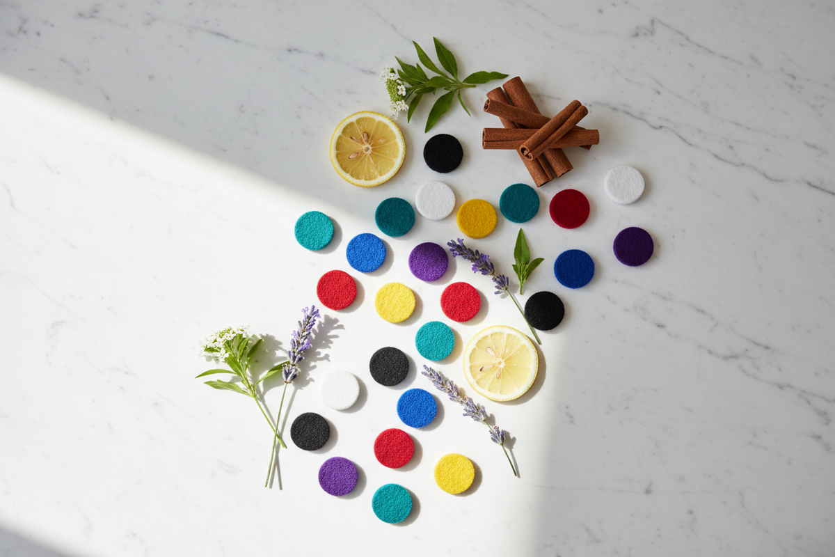 Colourful scented hoover disks arranged on white marble with fresh botanicals