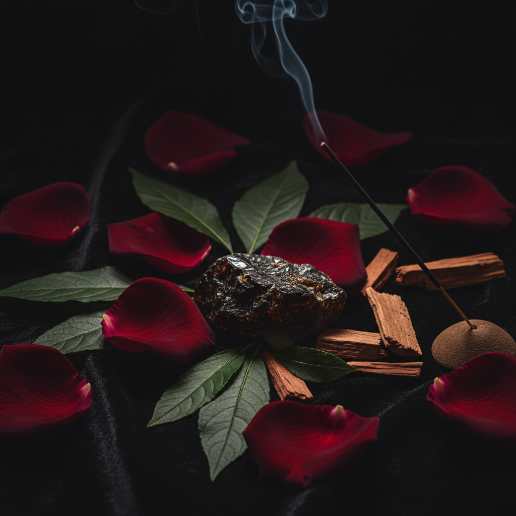 Deep red rose petals, patchouli, amber resin and smouldering incense on dark velvet evoking the Velvet & Patchouli fragrance
