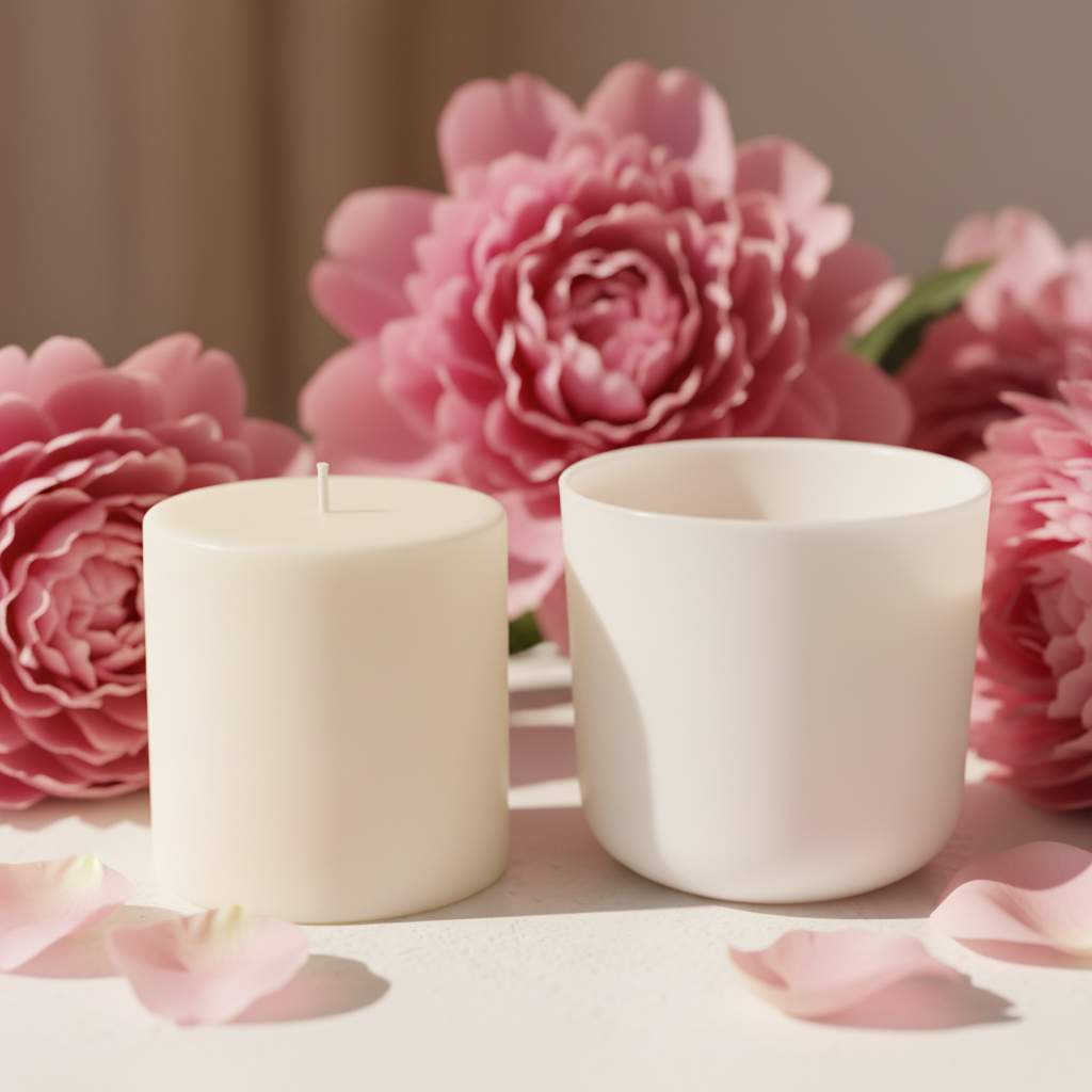 Pink Peony & Blush Suede candle refill wax cylinder beside empty candle jar, styled with peonies and blush rose petals