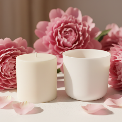 Pink Peony & Blush Suede candle refill wax cylinder beside empty candle jar, styled with peonies and blush rose petals