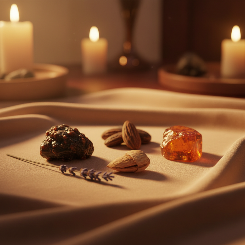 Dark myrrh resin, tonka beans, almond and amber in warm candlelight evoking the Winter Sanctuary fragrance