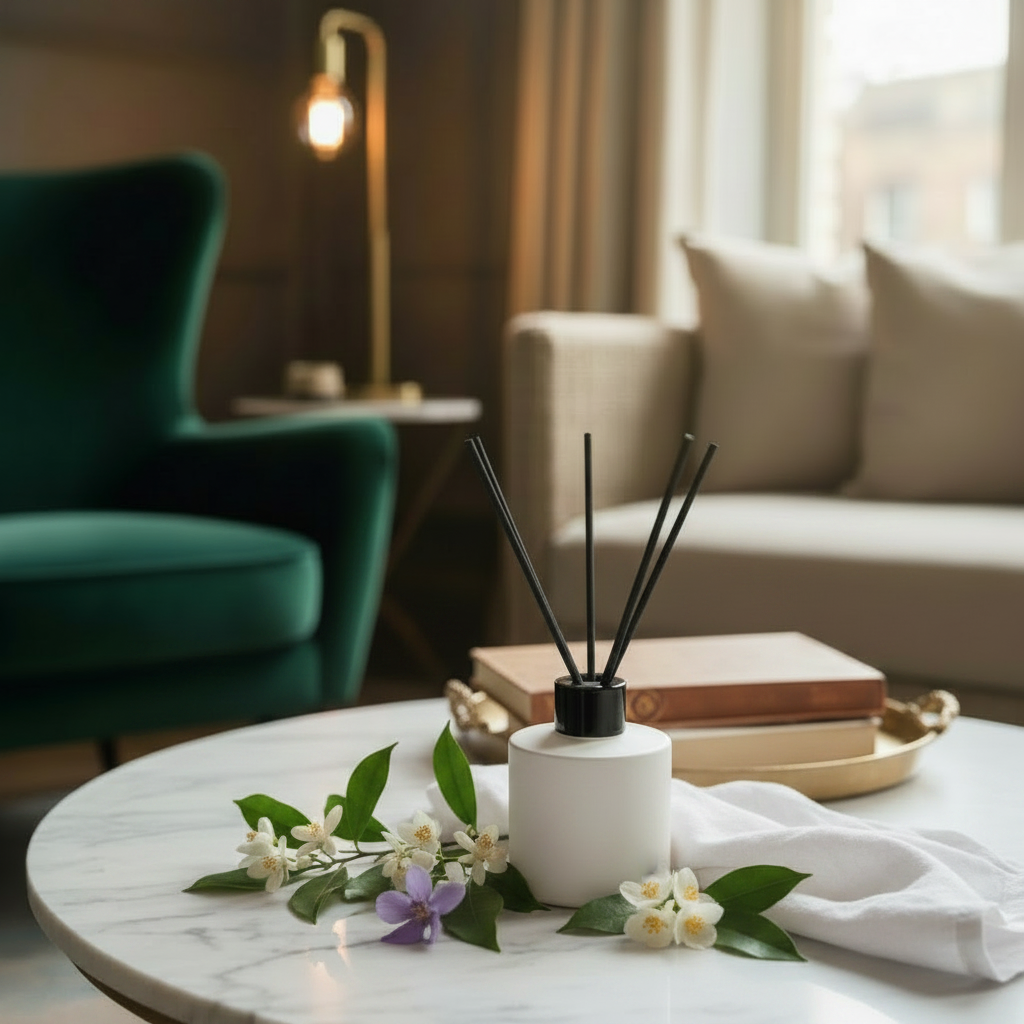 Fresh Linen reed diffuser styled with violet, orange blossom, jasmine and soft white linen in clean airy tones