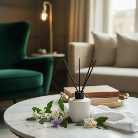 Fresh Linen reed diffuser styled with violet, orange blossom, jasmine and soft white linen in clean airy tones