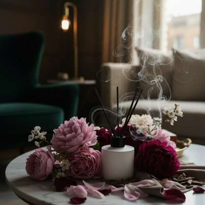 Velvet Peony & Oud reed diffuser styled amongst dark peonies, velvety petals and oud wood in rich moody tones