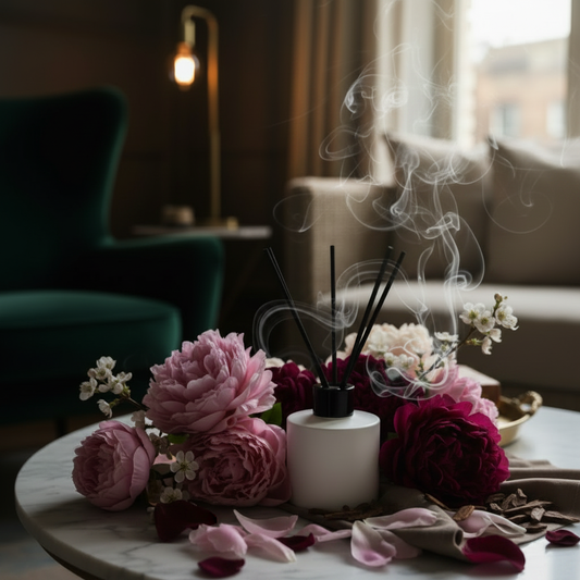 Velvet Peony & Oud reed diffuser styled amongst dark peonies, velvety petals and oud wood in rich moody tones