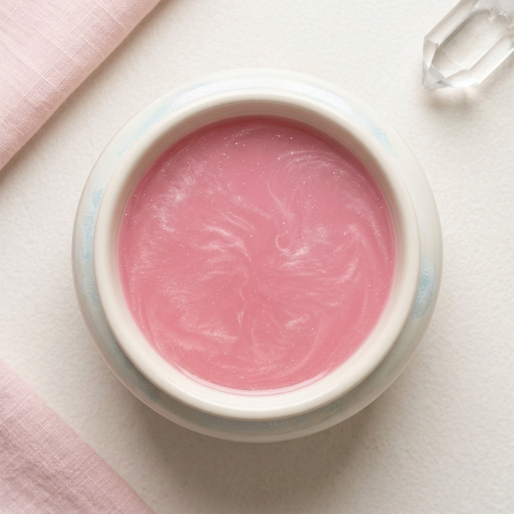 Snow Queen candy-pink melted wax with subtle mica in a round ivory burner
