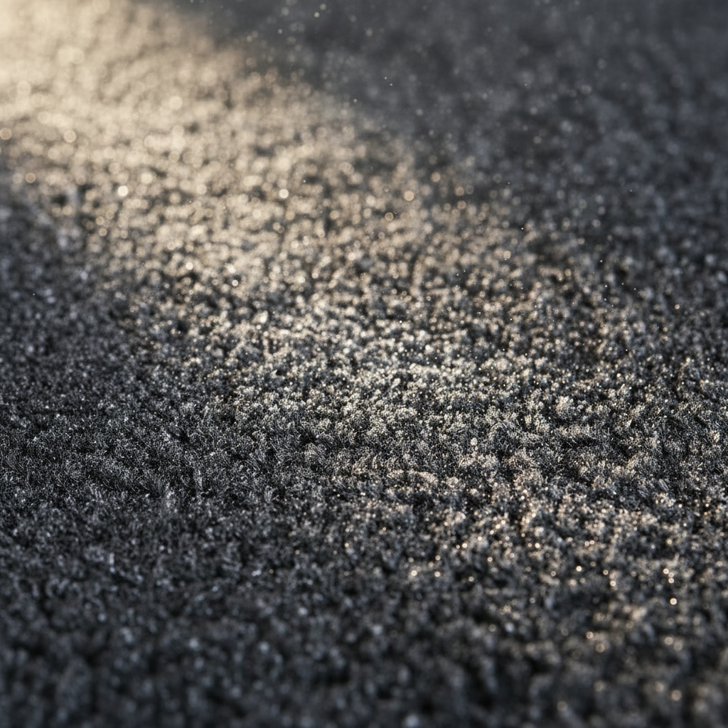 Close-up macro shot of fine white talcum powder particles settled across dark charcoal carpet fibres