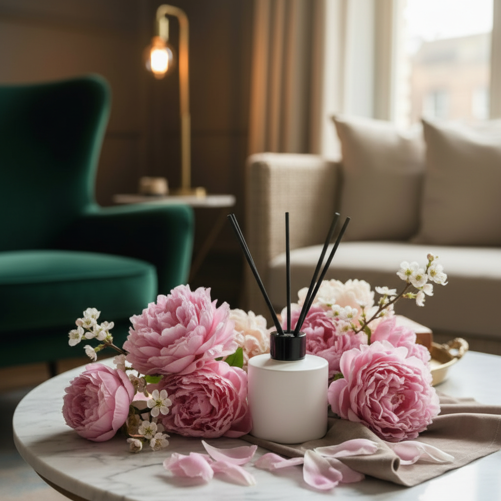 Pink Peony & Blush Suede reed diffuser styled amongst blooming peonies and blush rose petals