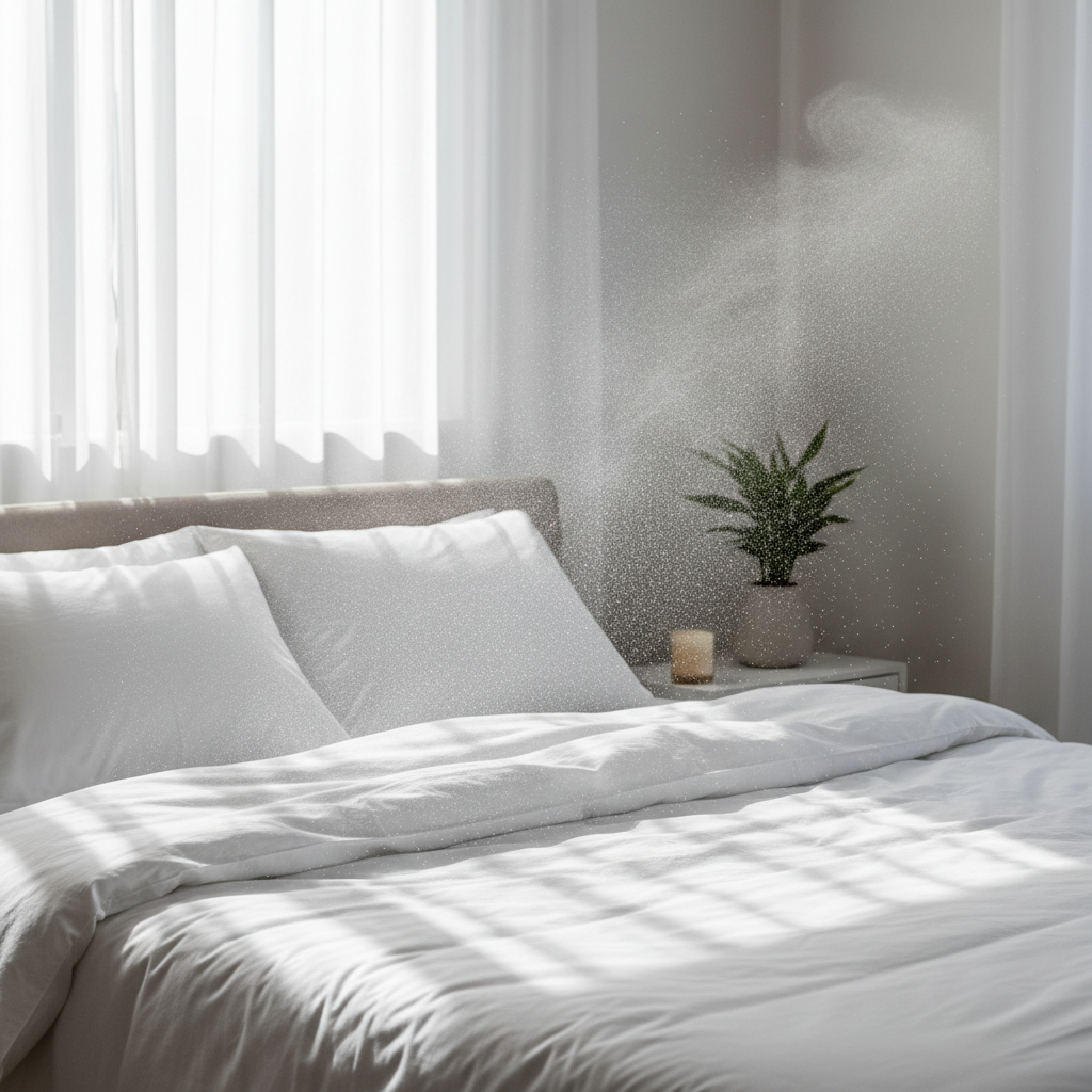 Ultra-fine mist floating over crisp white linen in bright morning sunlight