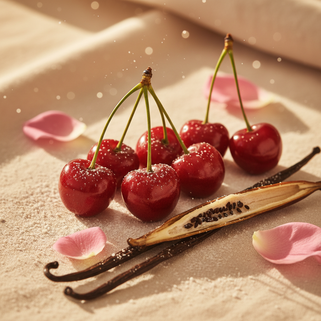 Glossy red cherries and vanilla pod on a warm cream surface with soft lighting evoking the Cherry Vanilla fragrance