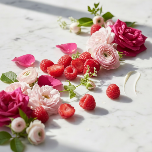 Jammin' Rose Body Lotion scent notes - raspberries, rose petals and pink florals on marble with a delicate trace of lotion