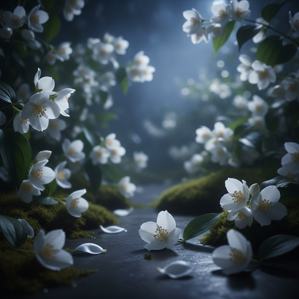 White jasmine flowers glowing in moonlight against a deep midnight blue background evoking the Midnight Jasmine fragrance